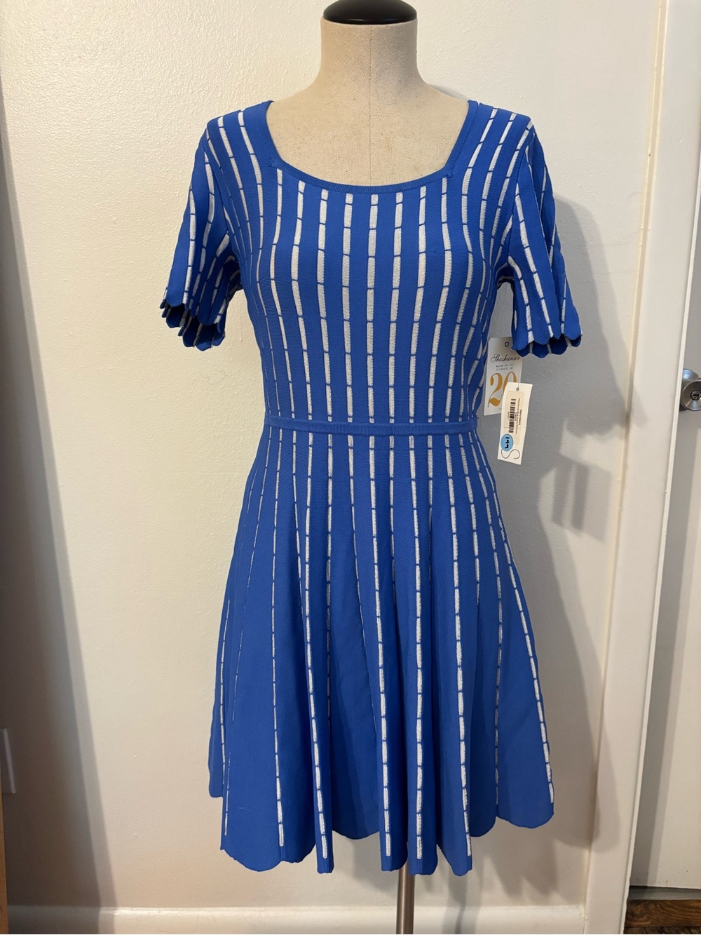 Oscar de la Renta Royal Blue and White Striped Fit-and-Flare Dress